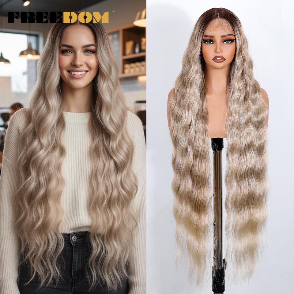 

FREEDOM Synthetic Lace Front Wig 36 Inch Super Long Deep Body Wavy Lace Wigs For Women Ombre Brown Blonde Wigs White Cosplay Wig (as the picture,36inches)