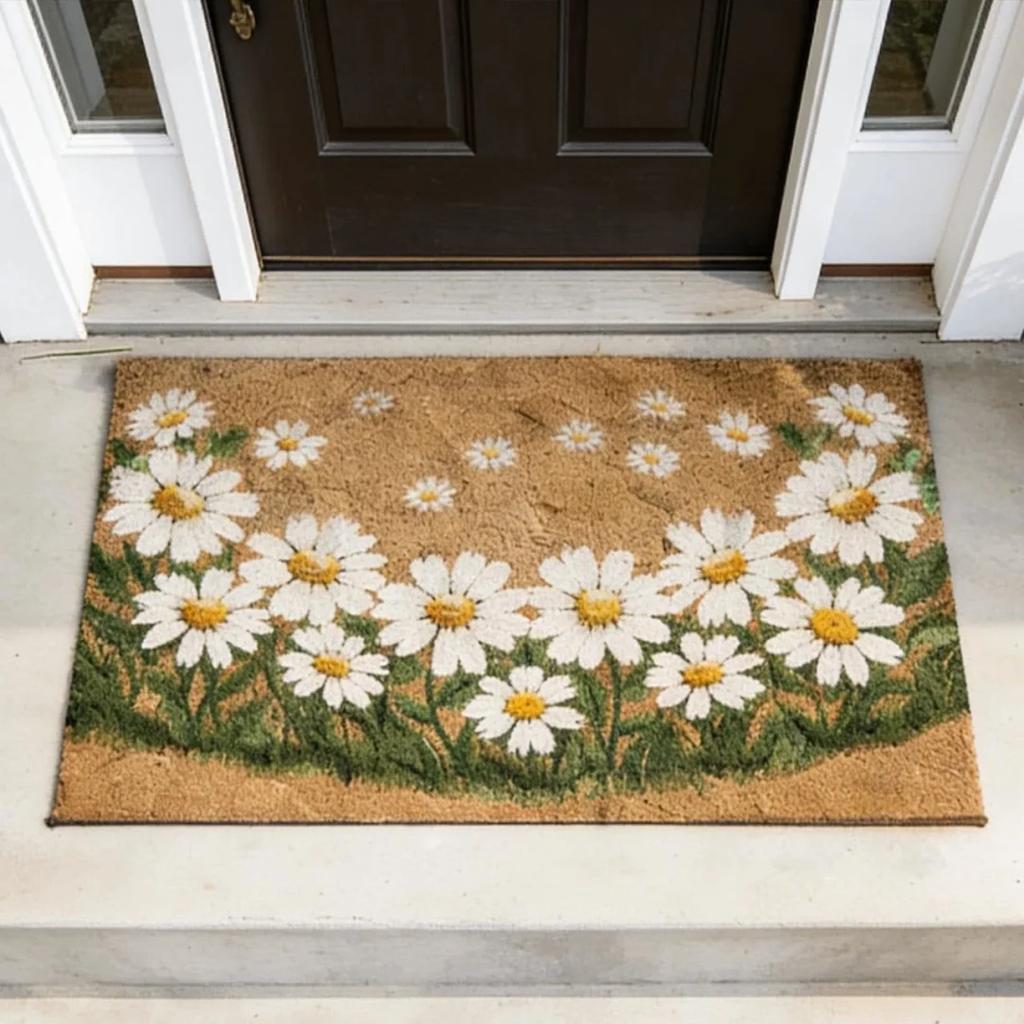 Daisy Flower Coir Door Mat White Floral Print Indoor Outdoor Front Porch Welcome Doormat Home Entry Decor Floor Rug