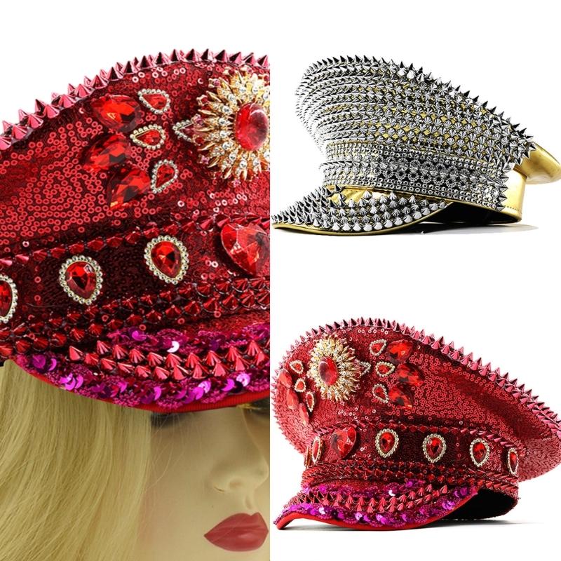Luxurious Marine Hat with Decorative Rhinestones and Rivet Studded Cool Styles Top Hat for Music Festival Gathering