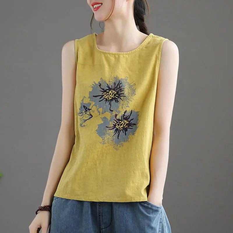 

Безрукавки хлопковые свободные футболки с бретельками через шею женские летние безрукавки тонкие эластичные принтованные безрукавки XXXL жёлтый