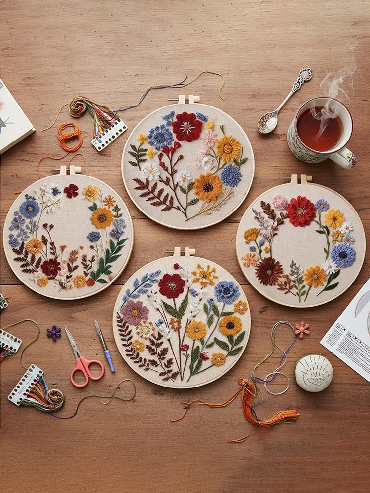 4 Pack Flowers DIY Stitches Kit with Embroidery Hoop Embroidery Stitches Practice Kit for Beginners Gift for Craft Lovers