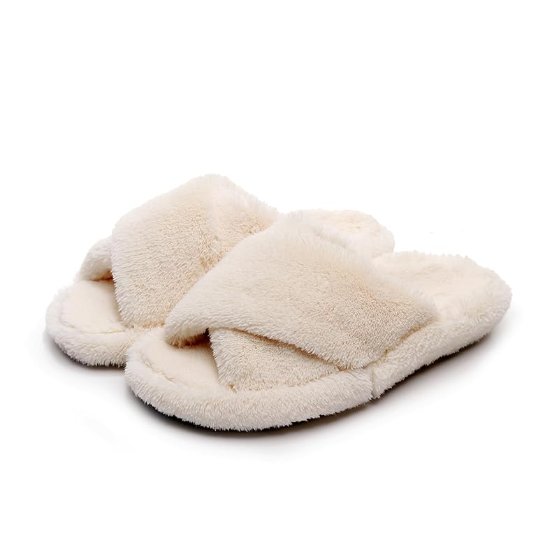 

[Ohmyk] Women s soft crossband slippers, plush fur slides, faux fur, open toe, comfortable slip-on house shoes (white, adult, L, alphabet, japanese