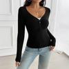 Spring Autumn Slim Fit V-neck Knitted T-shirt Women Buttons Long Sleeved Shirt Solid Color Simple Office Tops Elegant Fashion Casual Women's Clothing