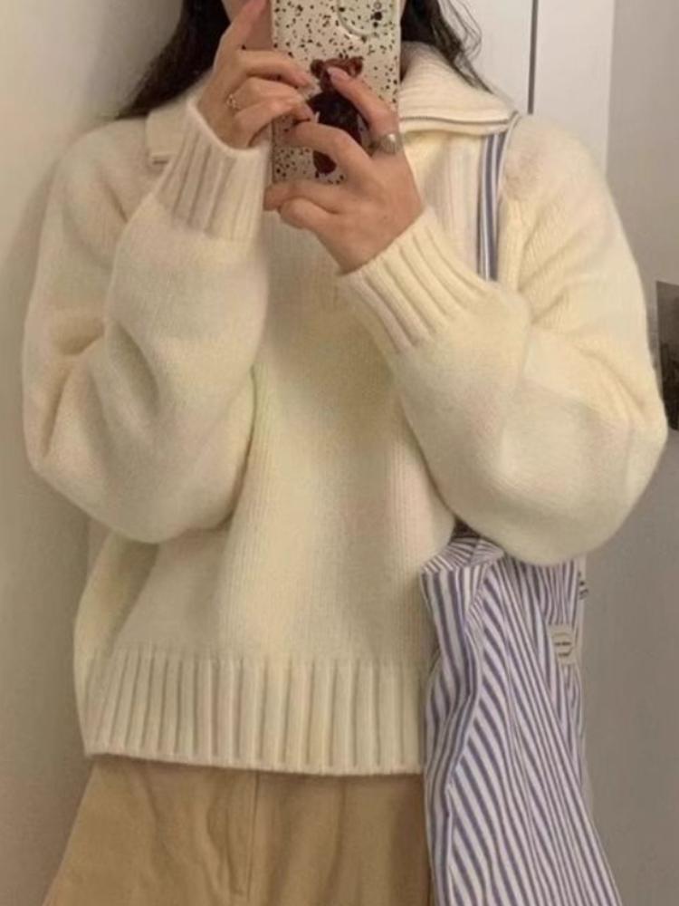 Дизайнерский свитер с полумолнией и лацканами, женский осенне-зимний новый корейский свитер со стоячим воротником, свободный, для ношения на улице S бежевый