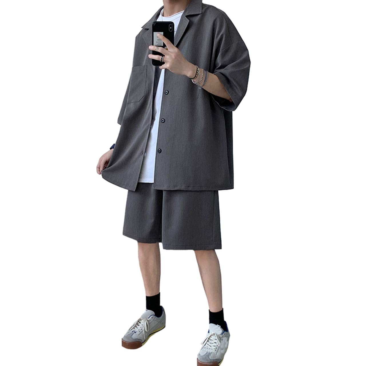 

ANGELCITY Летний комплект спортивного костюма с коротким рукавом, состоящий из топа и шорт, идеально подходящий для и больших размеров L50, мужские брюки с открытой передней частью, одежда для отдыха, тренировок, спортивная одежда, серый