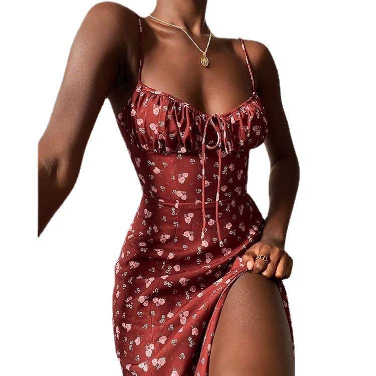 European & American Summer Floral Print Ruched Tie-Up Slit Camisole Dress