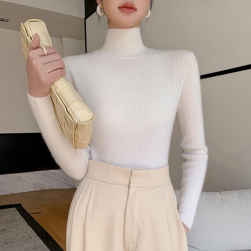 Women's Coffee High-Neck Sweater - Celebrity Style, Fall/Winter 2025, Slim Fit, Solid Color, Base Layer.
