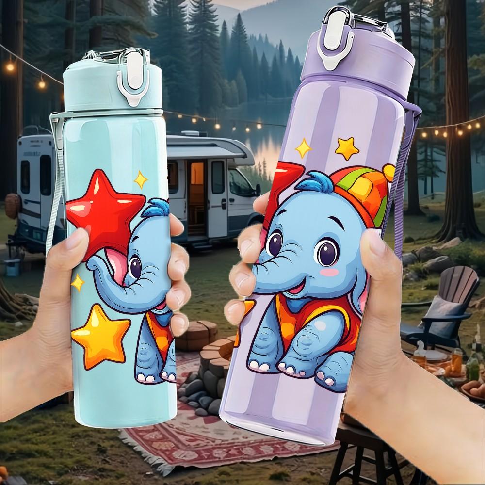 1PC Star Baby Elephant Pattern 750ml Color Plastic Sports Water Bottle Leakproof Flip Straw Lid Suitable for Sports Office Home Use