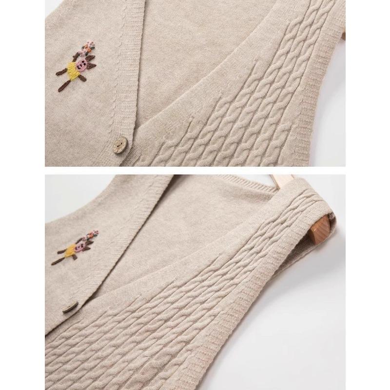Vintage Fried Dough Twists V-neck Knitted Vest for Women Spring Autumn Hand Embroidered Vest