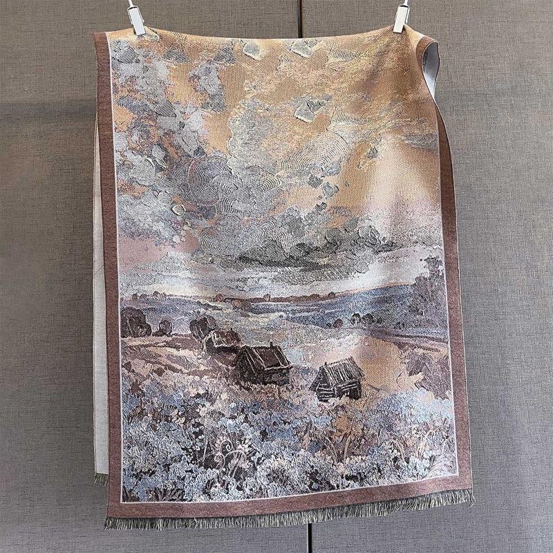 Autumn New Retro Oil Painting Printed Scarf High-end Imitation Cashmere Wool Thickened Warm Scarf Multi-functional Shawl
