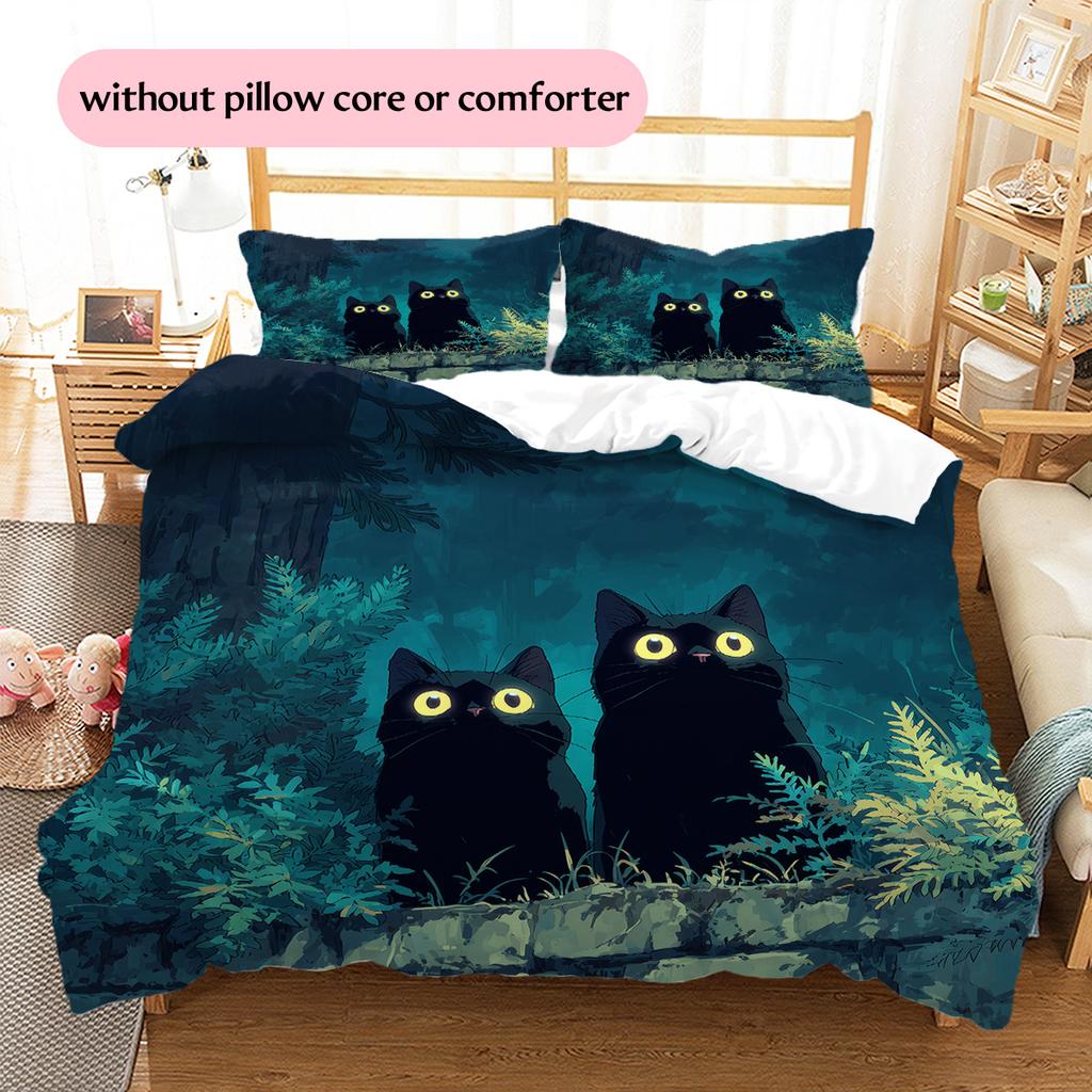 Black Cat at Night Pattern Bedding Quilt Set  Home Decoration  Gift (1 * duvet cover + 2 * pillowcase  without core)