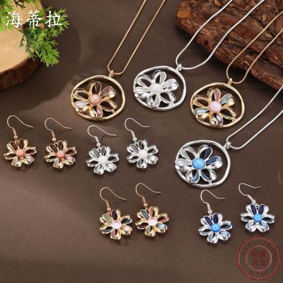 New Enamel Color Hollow Flower Earrings Pendant Set, Women's Simple and High-end Petal Neck Necklace