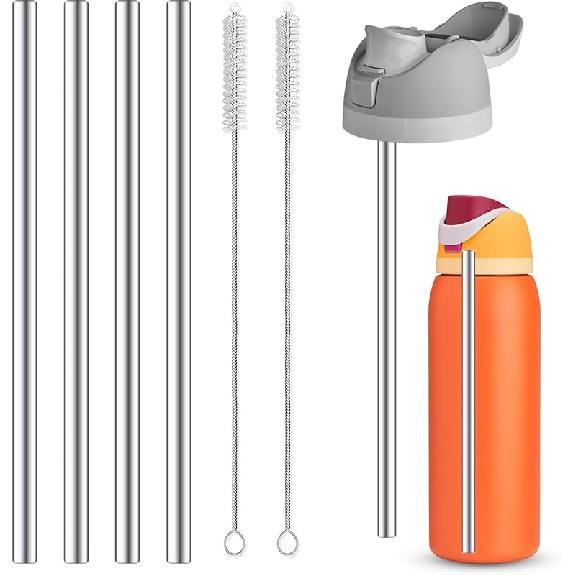 4Pcs Replacement Stainless Steel Straws Compatible with Owala Bottle 24oz 32oz Reble Straws with 2 Cleaning Brushes Metal Straw Replacement