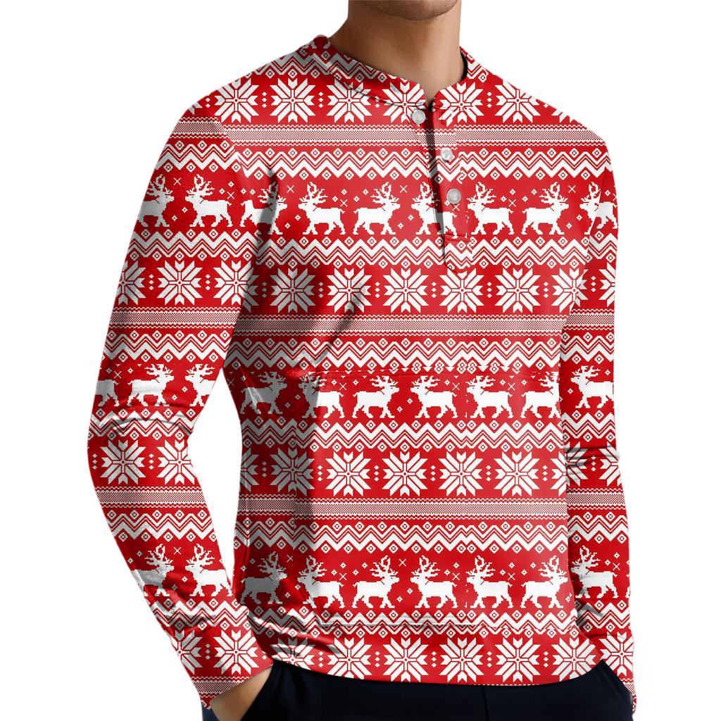 Men's Casual Button-Down Sweatshirt Fashion Printed Long Sleeve Shirt Pullover
