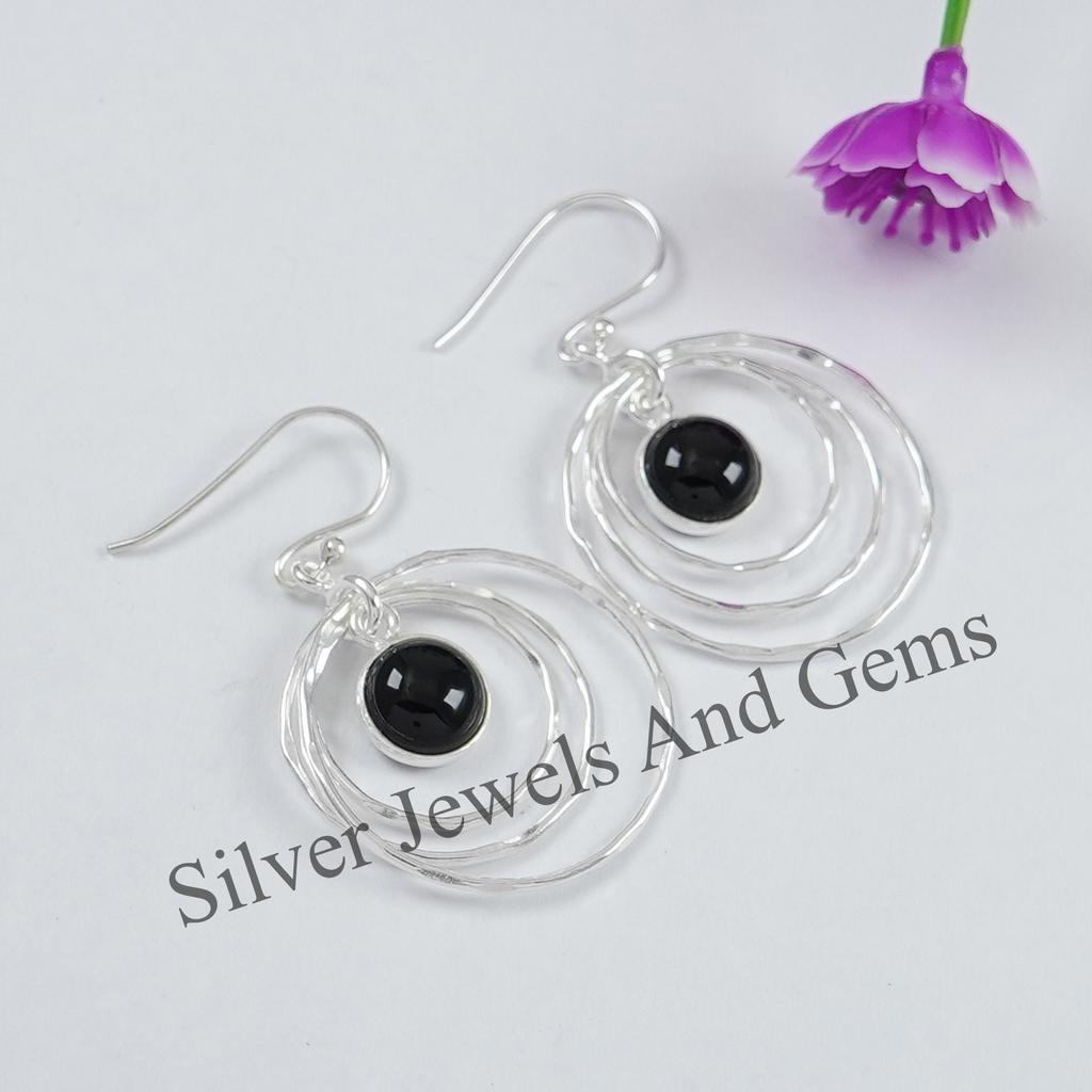 Hammered 925 Sterling Silver Black Onyx Earrings, Handmade December Birthstone