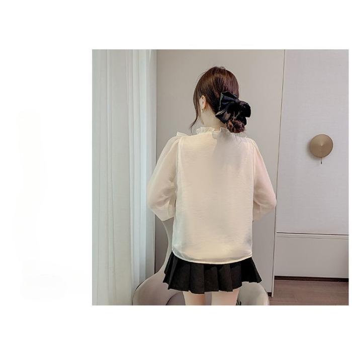 Camicetta in Chiffon Morbido con Pizzo e Volant Stile Francese per Donna Autunno con Design Unico e Stile Chic