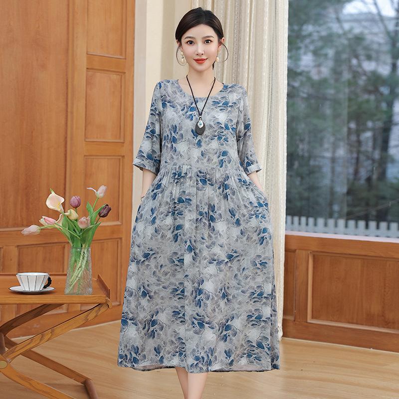 Women's Round Neck Five-Point Sleeve A-Line Floral Print Midi Dress Loose Casual Vintage Style Summer Daily Mom Long Dress