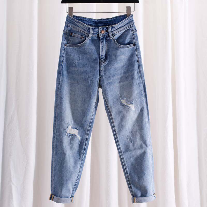 

Spring and Autumn New High-Waisted Stretch Jeans for Women, Plus-Size, Pear-Shaped Body, Hip-Covering, Slimming, Harem Dad Jeans Blue Ripped Trousers 3XL(80-90kg)