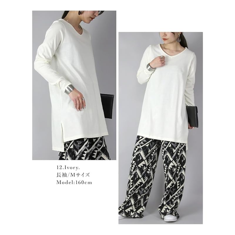 [And It] Made In Japan V-neck A-line Long Cut and Sew Ladies Tops Plain Color 100% Cotton Tunic T-shirt Ron T One Piece M 51 Black (long Sleeve)