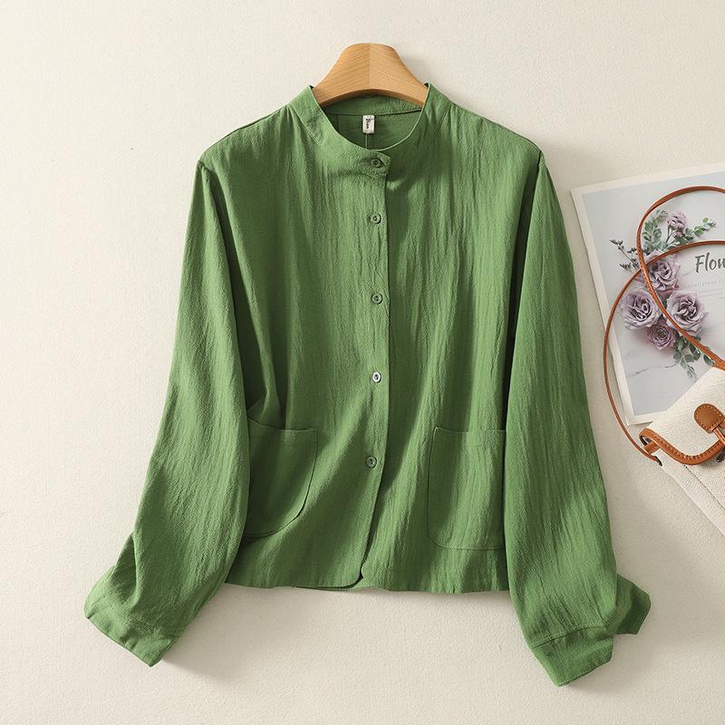 Women s Green Linen Single-Breasted Short Jacket - Autumn Cardigan M