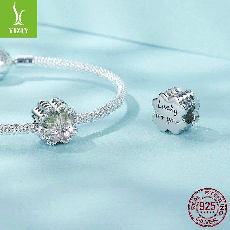 Small Fresh Four-Leaf Clover Diy Bracelet Beads, Simple Classic S925 Silver Lucky Beads Loose Beads