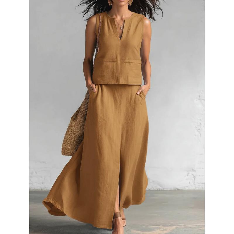 European and American Cross-border Sleeves Solid Color Cotton and Linen Tops Diagonally Inserted Bags Skirt Set 2026 Summer New Cross-border 