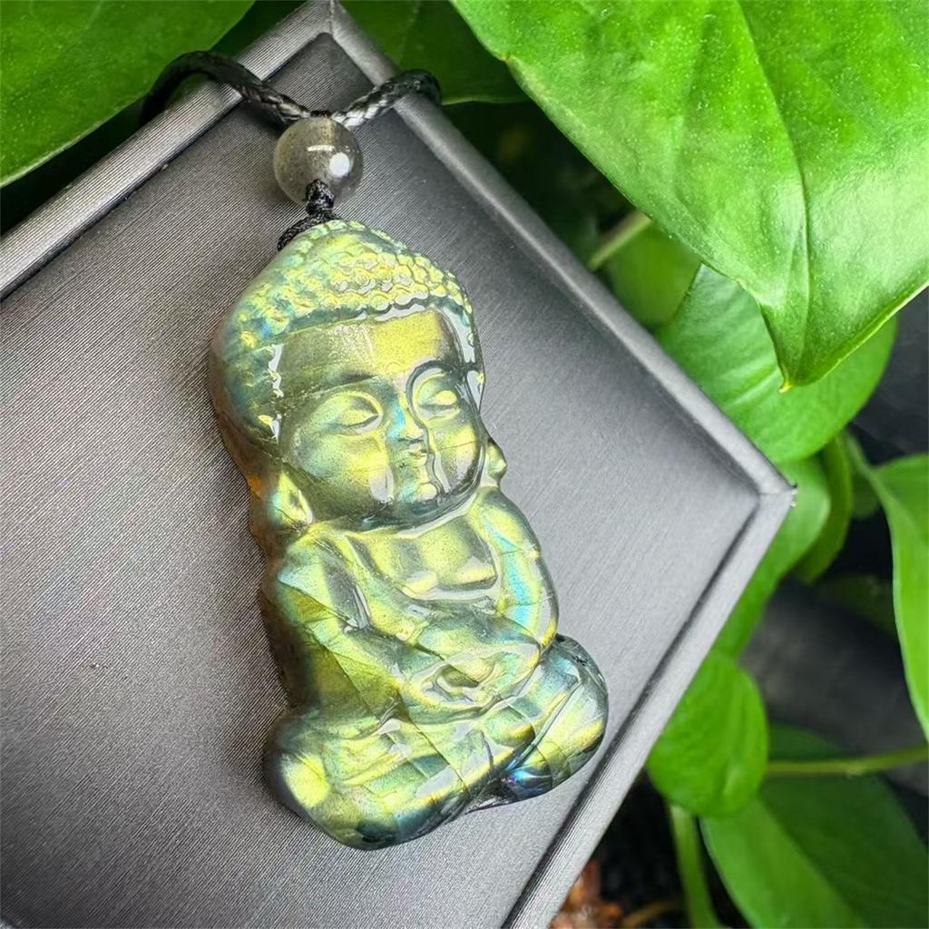 Natural Crystal Necklace Healing Stone Strong Flash Labradorite Baby Buddha Pendant for Gift