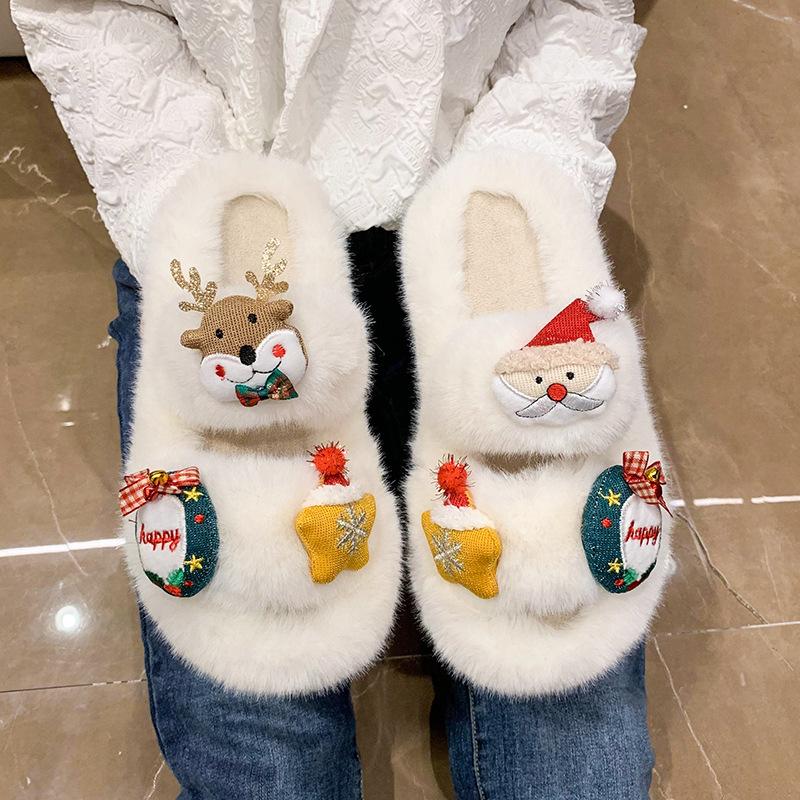 Christmas Elk Cotton Slippers For Women New Halloween Bedroom Soft Winter Indoor Shoes Warm Closed Toe Plush Cotton Slippers