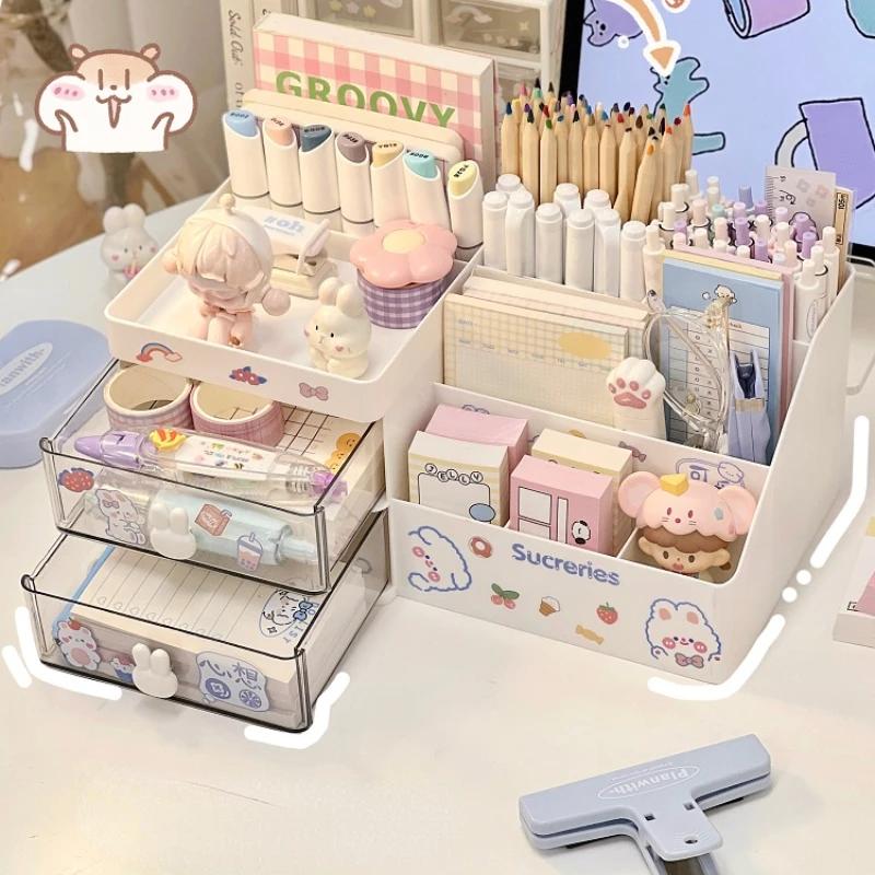Desktop Cosmetic Storage Box Organizer Drawer Office Storage Rack Stationery Organizer Pen Holder Bunny Drawer Organizer Cute