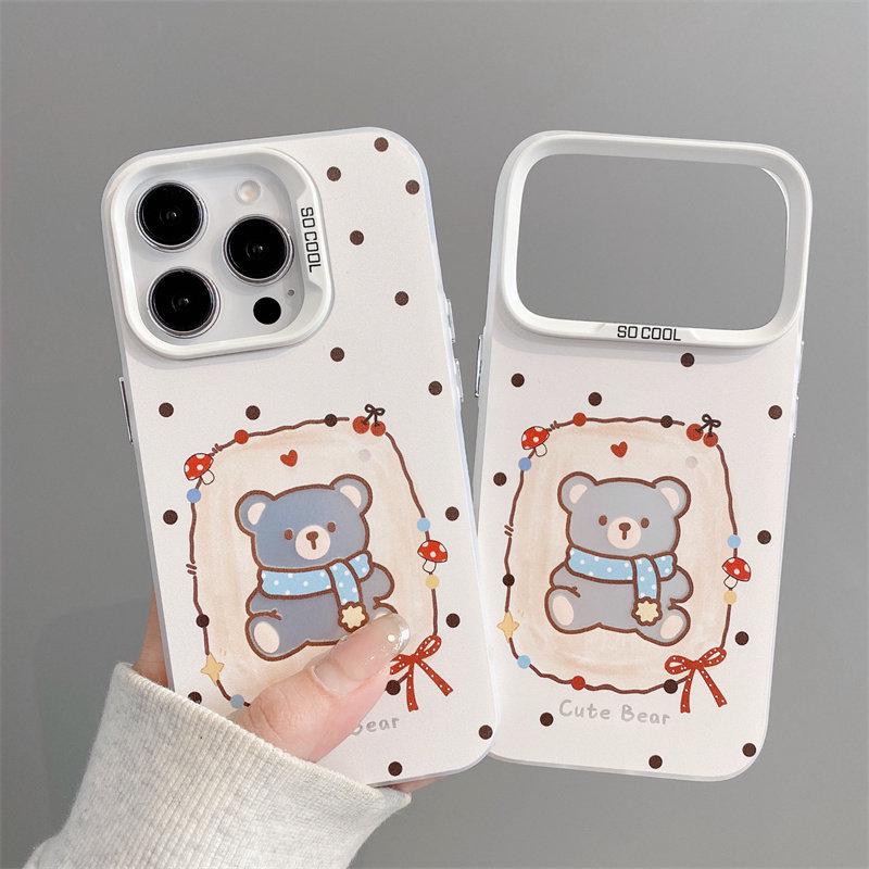 Silver Frosted Cartoon 'Little Bear' Scarf Phone Case for Apple 17 Pro Max, 16 Pro, 15, 14 Plus