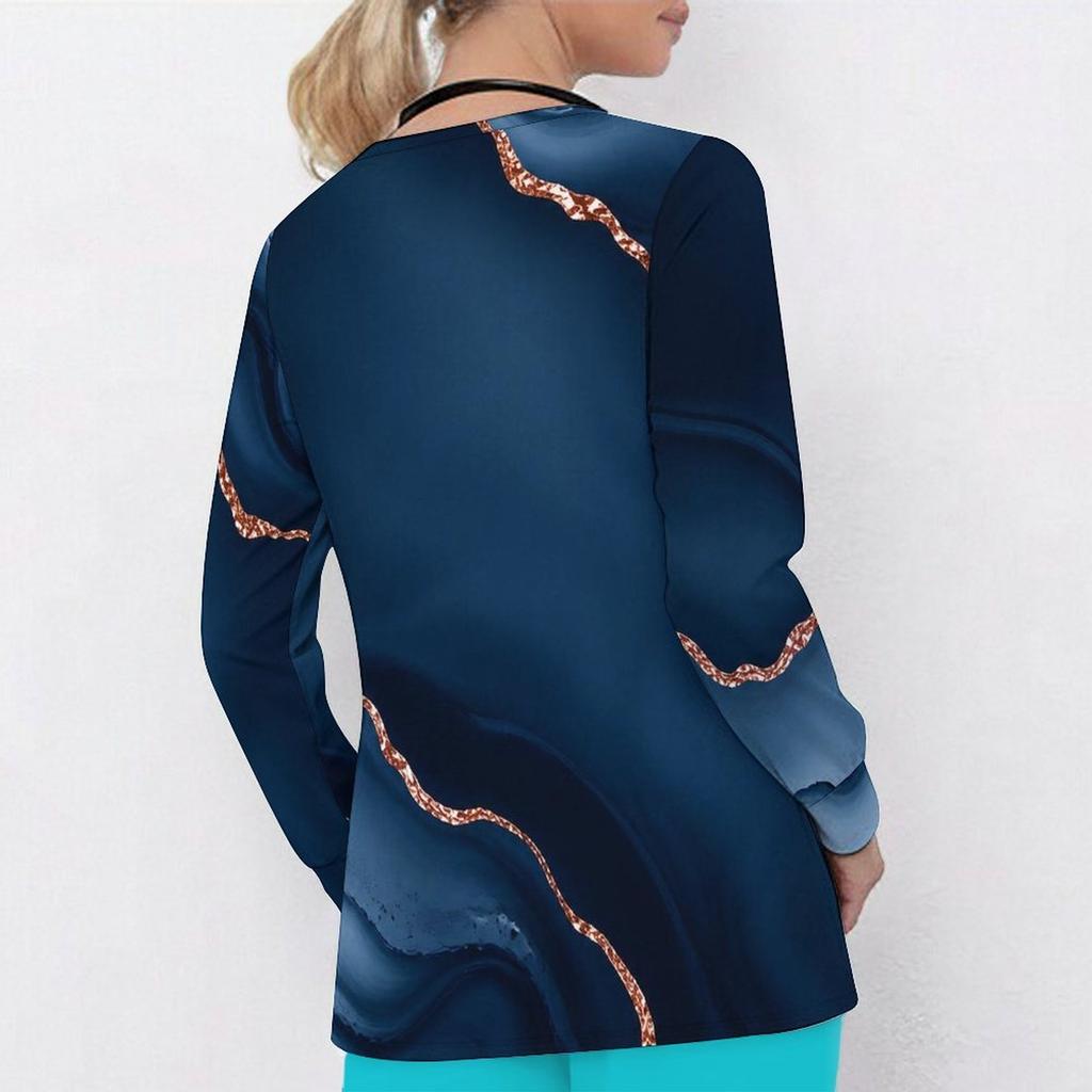 Women Plus Size Blue Marble Printed Nurse Scrub Top V Neck Long Sleeve With Pockets