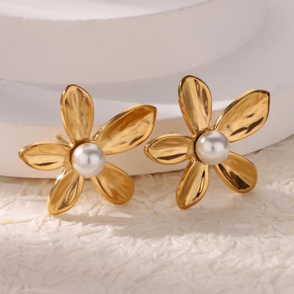 Geometric Pearl Flower Earrings For Women Gold Color Stainless Steel Flower Earring Wedding Christmas Party Jewelry Gift