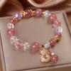 1 lucky bag pink strawberry stone bracelet with heart-shaped pendant and golden beads - shiny embellishments, adjustable elastic strap, playful design