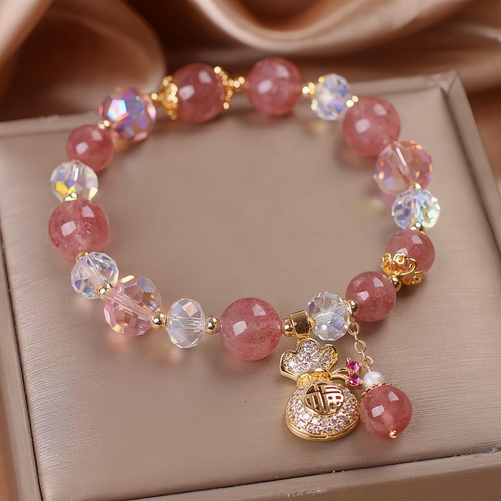 1 lucky bag pink strawberry stone bracelet with heart-shaped pendant and golden beads - shiny embellishments, adjustable elastic strap, playful design
