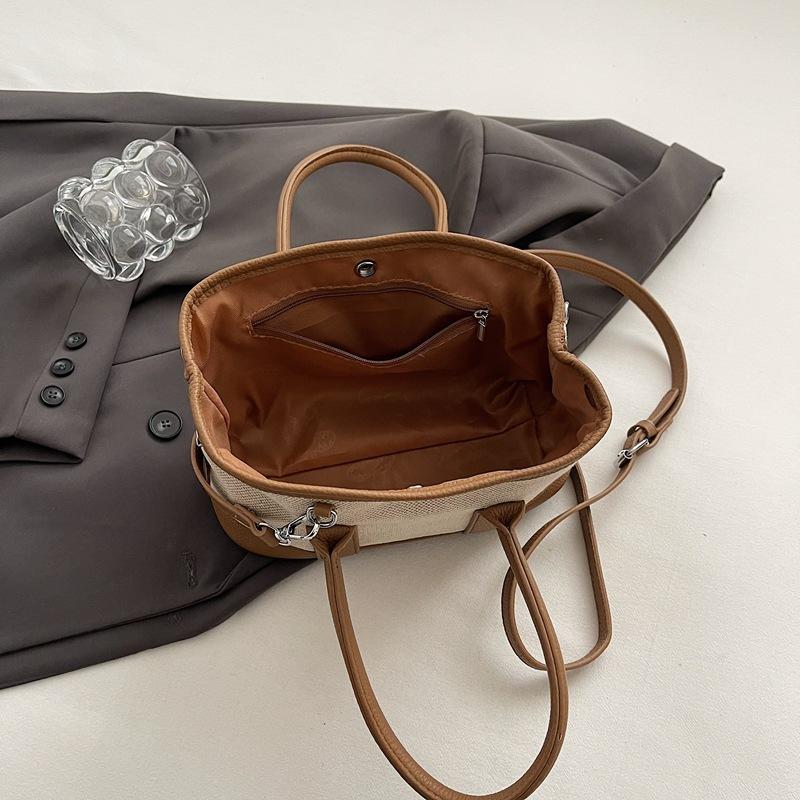 Contrasting Color Canvas Hand Bag Women'S Large-Capacity Commuter Shoulder Tote Bag Casual Versatile Messenger Bag