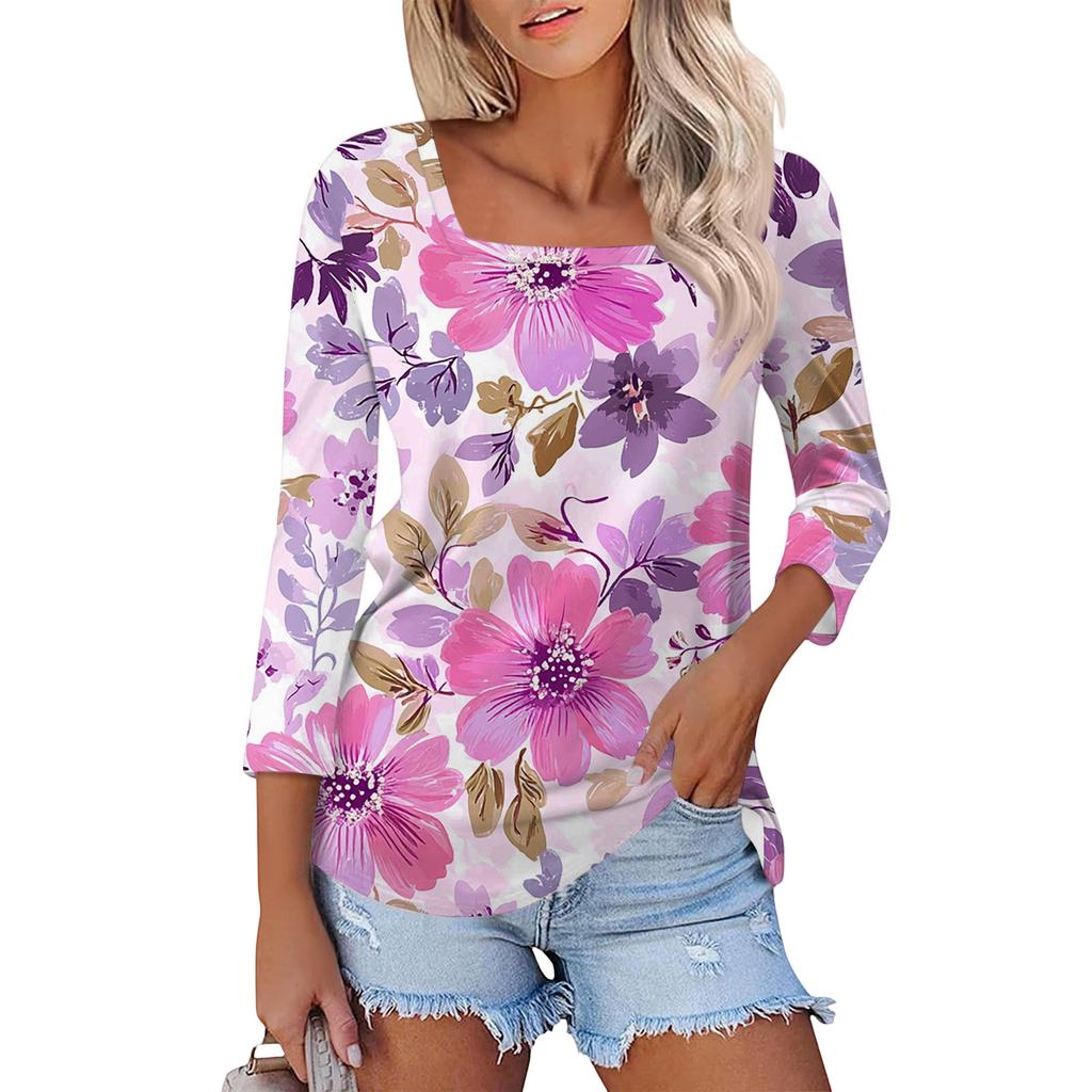 Women's T Shirt Tee Print 3/4 Sleeve Daily Weekend Fashion Basic Square Neck  Regular Top