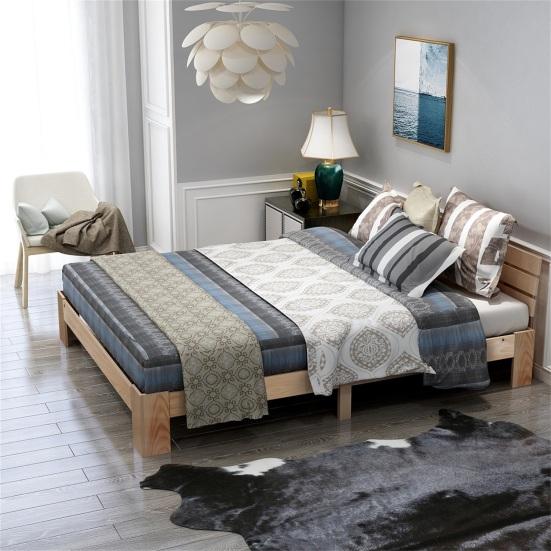 Double Bed Natural Color Flat with Headboard Ergonomic Design Strong Wooden Load Bearing Wood Slat Support Home Furniture Platform