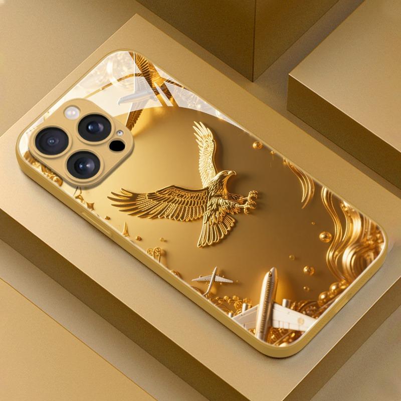 

Golden Eagle Pattern Gold Metallic Paint Glass Phone Case For iPhone 17 16 15 14 13 12 11 Pro Max 15 14 Plus 17Air 16E Cover iPhone17