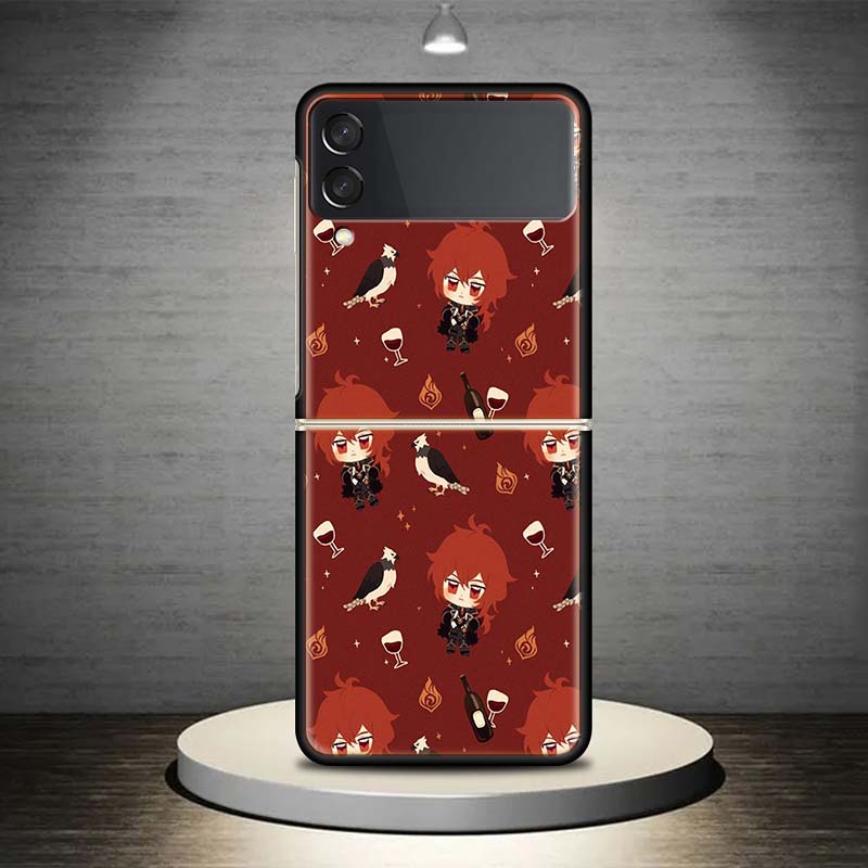 Genshin Impact Art Background For Samsung Galaxy Z Flip 4 3 5G Phone Case Black Hard Cover ZFlip 4 3 Luxury Shockproof Bumper Co
