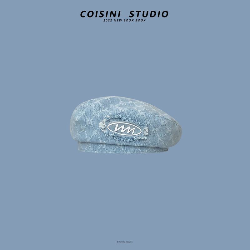 

Japanese-Style Retro Leather Tag Denim Beret Subnet Red Female Summer Street Shooting Fashion All-Match Painter Cap Face-Looking Trendy Light Blue Adjustable