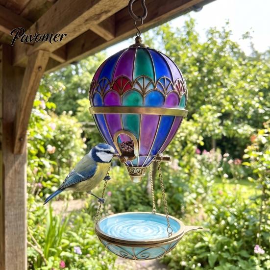 Garden Fountain Decor Stained Glass Hot Air Balloon Bird Feeder Fountain, Hanging with Water Wild Tray, Vintage Bronze Outdoor for Patio Porch