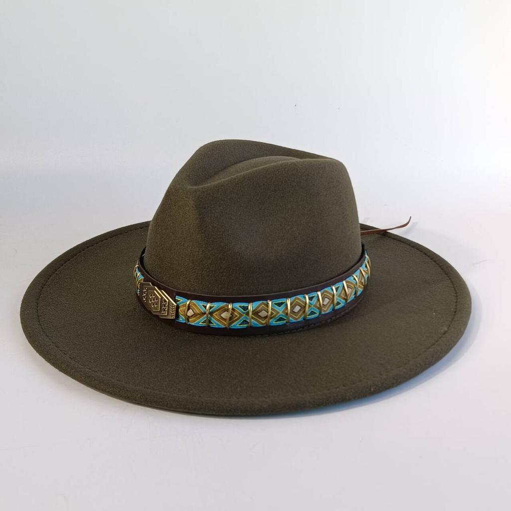 Felt Hat with Vintage Leather Belt, Fashionable European and American Jazz, Classic Church Style, Wide Brim, 9.5cm