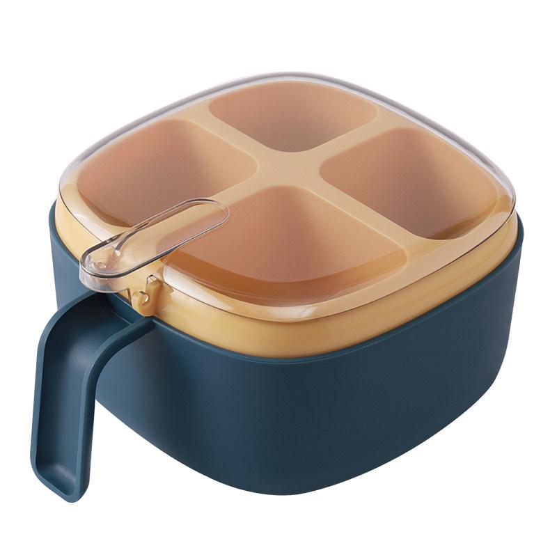 Four-Compartment Kitchen Seasoning Storage Box with Lid for Salt, MSG, and Pepper.