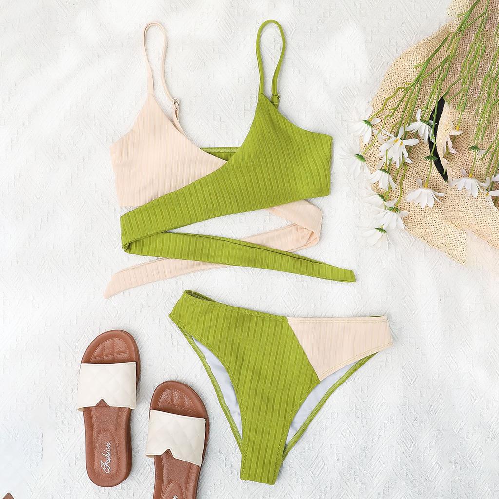 Women's Two Piece Bikini Swimsuit Ribbed Fabric Adjustable Straps Wrap Around Design High Cut Bottoms Swimwear Set