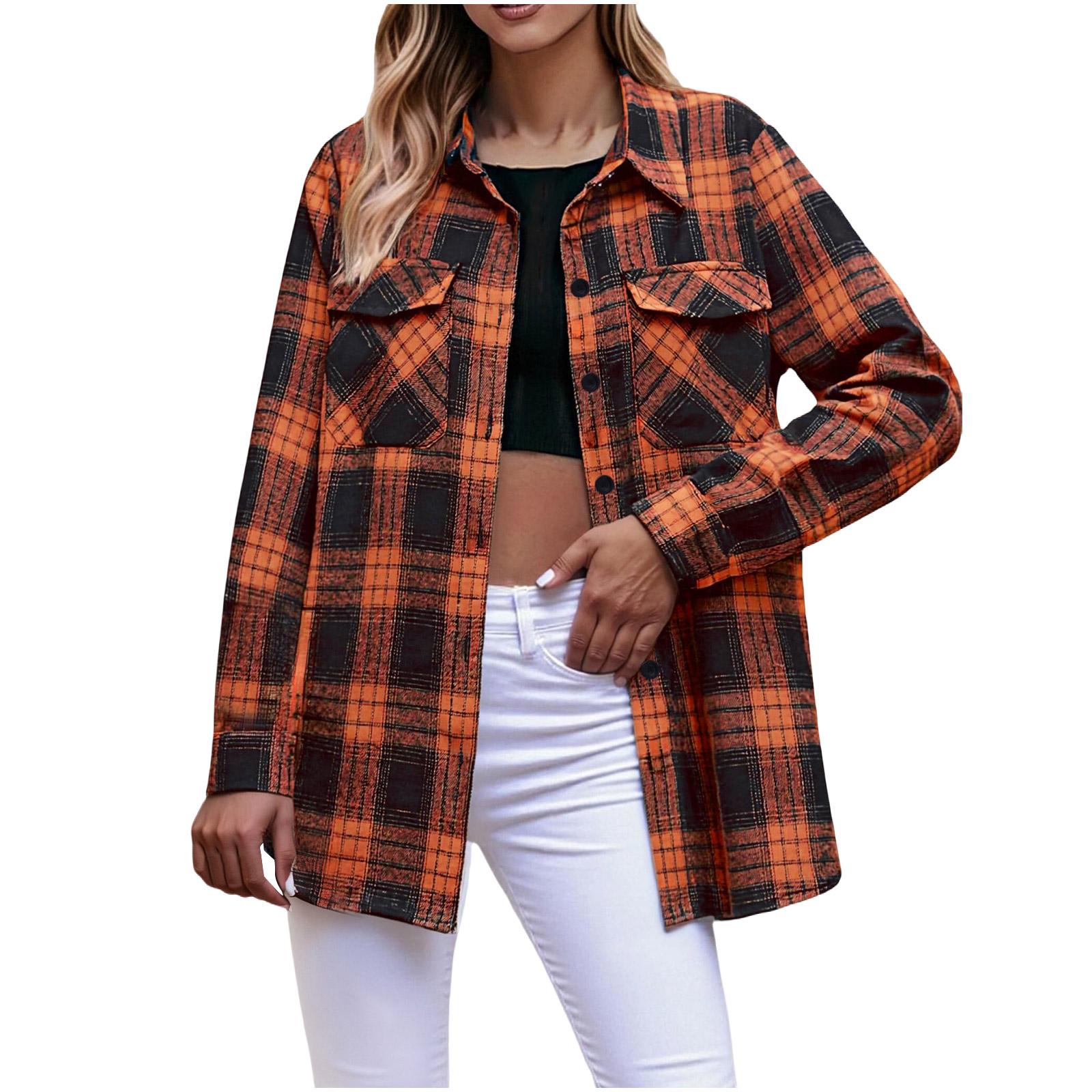 

Women s Fashion Long-Sleeve Button-Down Plaid Shirt With Pockets M шафрановый