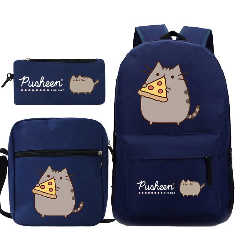 Pusheen fette Katze niedlicher Cartoon bedruckter Schulranzen grenzüberschreitende Studenten tragbare Umhängetasche Federmäppchen dreiteiliges Set