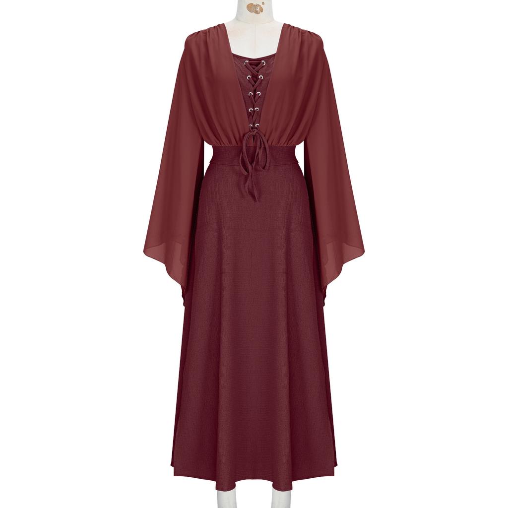 Long Sleeve Medieval Style Maxi Dress with Lace Up Front and Flared Bell Sleeves for Women Renaissance Gown