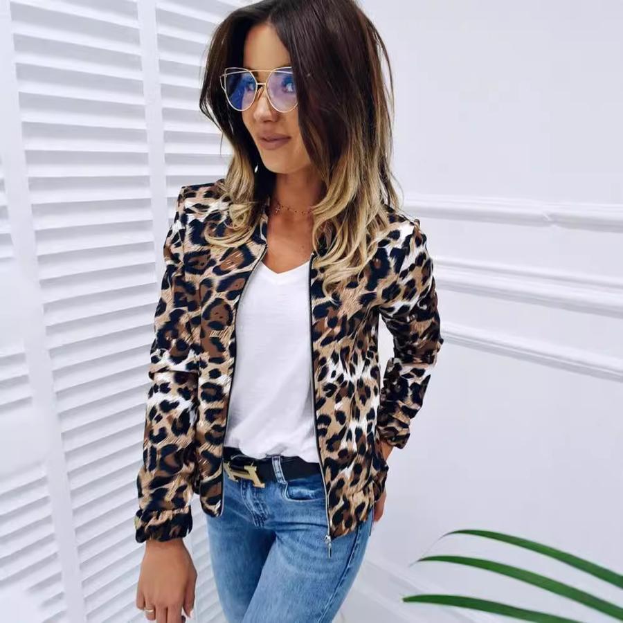 Spring/Autumn Women's Baseball Jacket Fashion Leopard Loose Stand-Collar Zip-Up Cardigan Coat