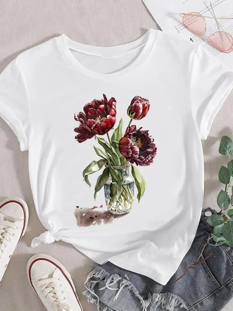 Mode T-Shirt Damen Weiblich Damen Kurzarm Kleidung 90er Trend Blume Süß Grafik T-Shirt Druck Oberteil Kleidung Tee