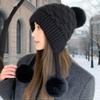 Lazy Wind Thickened Double-layer Ear Protection and Cold-proof Three-fur Ball Rabbit Fur Hat Plus Velvet Face Protection Knitted Hat